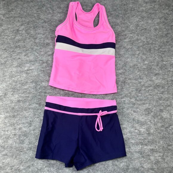 Lot of 2 Girls Swimsuits L Pink/Navy Tankini & Rainbow Unicorn One-Piece - Picture 2 of 6